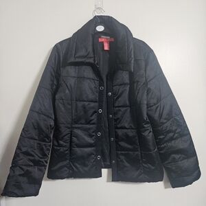 Women's Anne Klein black puffer winter cropped slim fit snap front coat Sz M